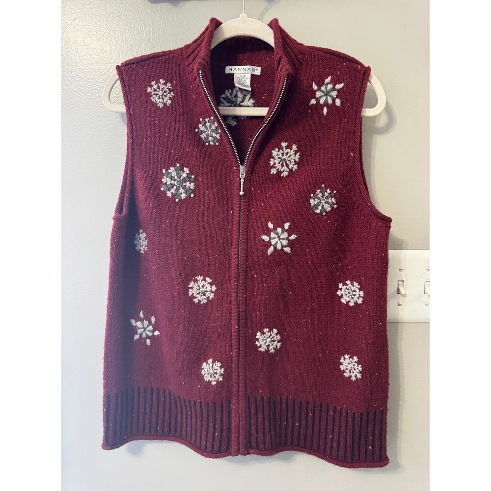 Woman's Hannah Zip Up Sweater Vest Winter Scene Snowflakes Y2K Wool Blend Multi